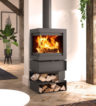 Dik Geurts Bora Corner 6.7kW Wood Burning Ecodesign Stove on Cubes Log Stand