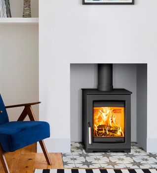Parkray Aspect 4 Wood Buring Stove shown on a tiled hearth in a modern living room