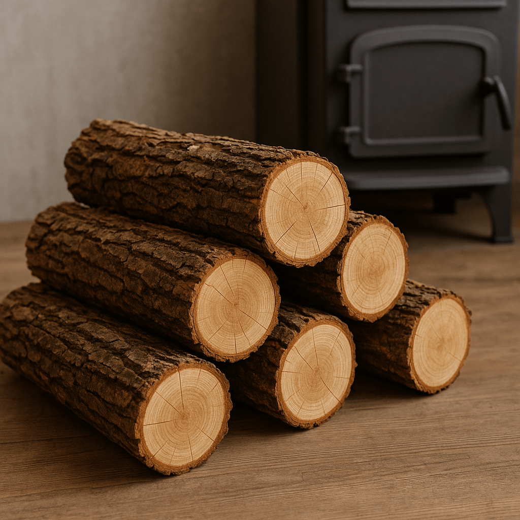 hardwood logs stacked ready to go in a wood burning stove 